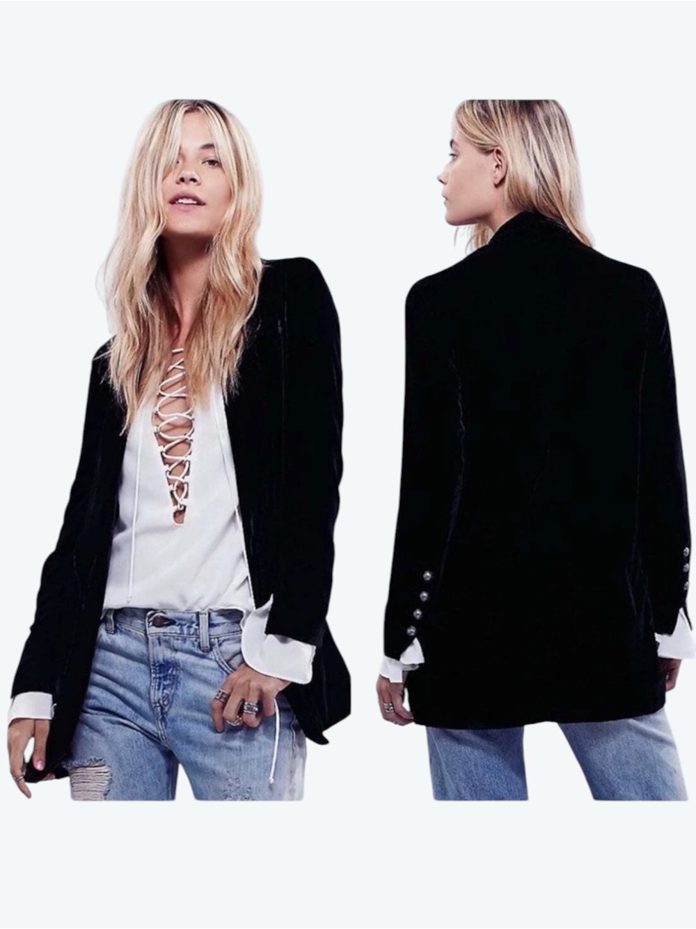 Free People Yesterday’s Muse Black Velvet Relaxed Open Front Blazer Jacket XS